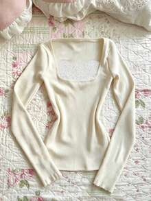 IslaSuriya Women's Sweet Lace Patchwork Bow Decor Top - Apricot - View 1