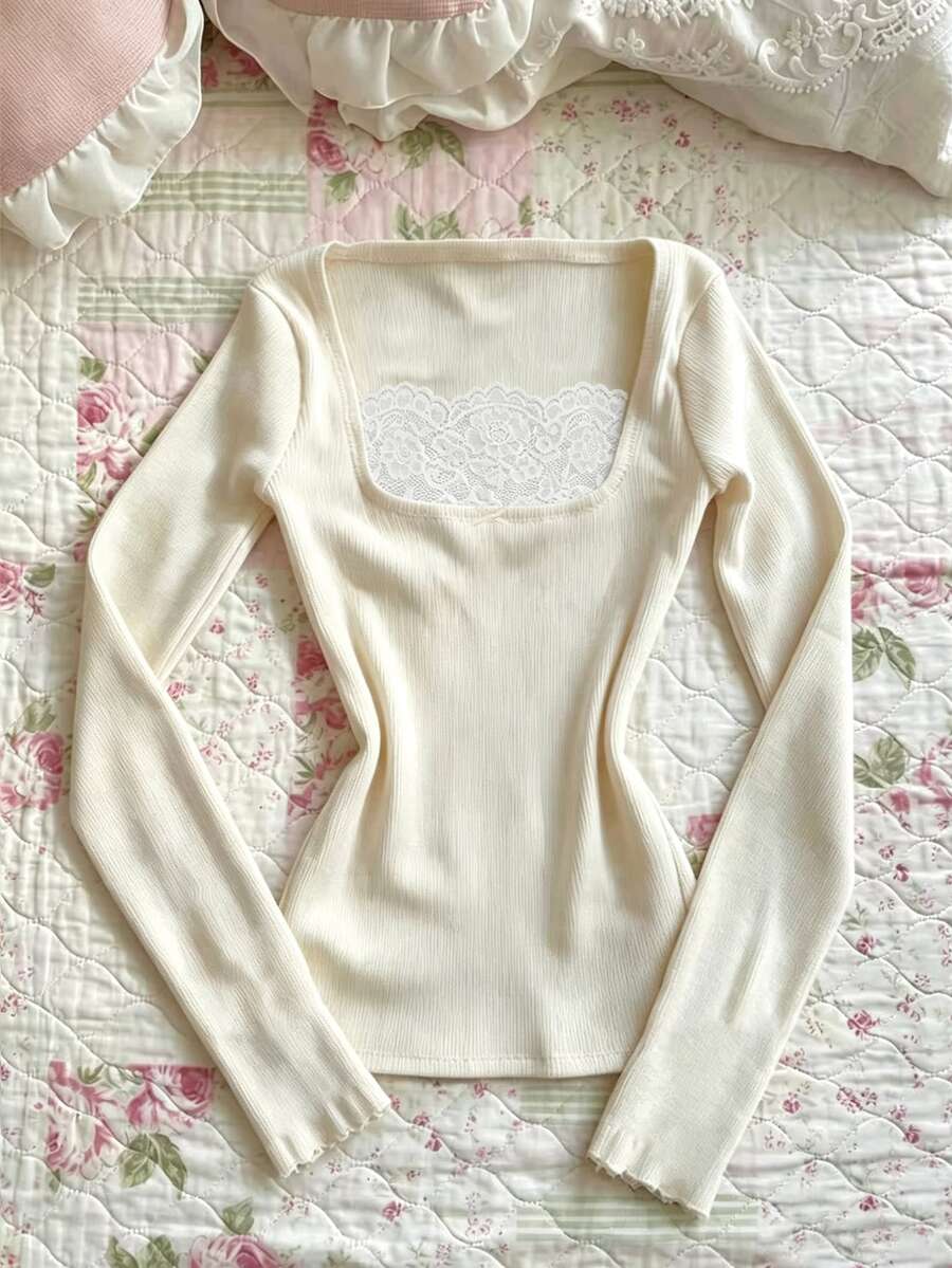IslaSuriya Women's Sweet Lace Patchwork Bow Decor Top - Apricot - View 1