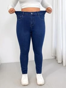 Enliva Plus Size Women's High Waist Pocket Skinny Casual Versatile Jeans - Dark Wash - View 3