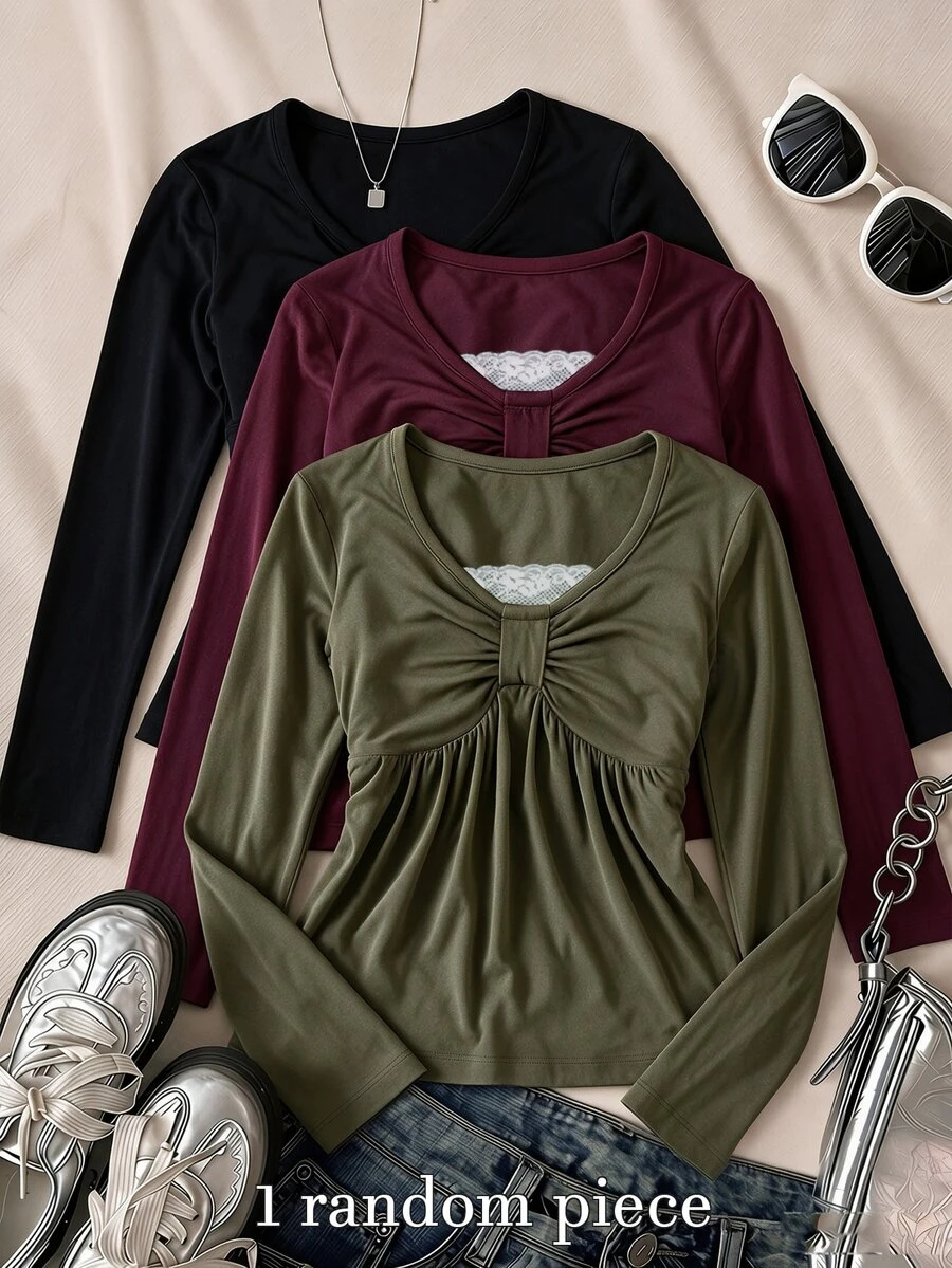 SHEIN Sparklyn Teen Girl' Gold T-Shirt Heart-Shaped Neckline Delicate Lace Trim Ruched Waist Design Flared Long Sleeves Formal Ball Spring Cute - Army Green - View 1