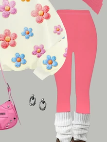 青少年女孩休閒可愛紋理波點與花卉圖案米粉色圓領衛衣與鬆緊腰長褲套裝，適合秋冬，休閒、日系可愛、舒適秋冬風格 - 彩色 - 查看 6