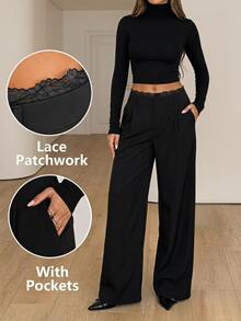 SHEIN Tall Black Woven Commuter Women's Long Pants With Contrast Lace Waistband - Black - View 1