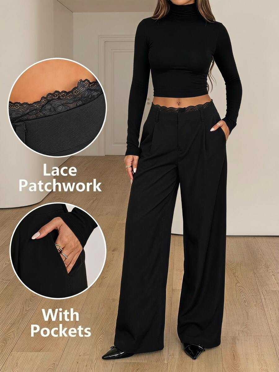 SHEIN Tall Black Woven Commuter Women's Long Pants With Contrast Lace Waistband - Black - View 1