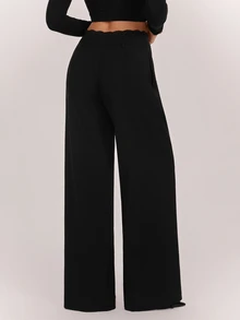 SHEIN Tall Black Woven Commuter Women's Long Pants With Contrast Lace Waistband - Black - View 2