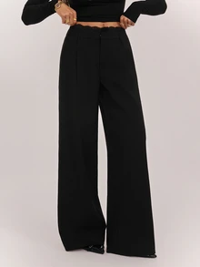 SHEIN Tall Black Woven Commuter Women's Long Pants With Contrast Lace Waistband - Black - View 3