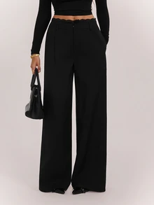 SHEIN Tall Black Woven Commuter Women's Long Pants With Contrast Lace Waistband - Black - View 6