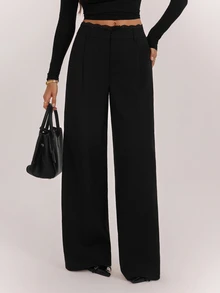 SHEIN Tall Black Woven Commuter Women's Long Pants With Contrast Lace Waistband - Black - View 5