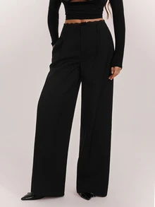 SHEIN Tall Black Woven Commuter Women's Long Pants With Contrast Lace Waistband - Black - View 8