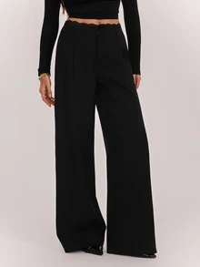 SHEIN Tall Black Woven Commuter Women's Long Pants With Contrast Lace Waistband - Black - View 4