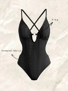 Swim Mod Women's V-Neck Hollow Out Floral Textured Tie-Up One-Piece Swimsuit, Summer Beach Vacation Outfit - Black - View 3
