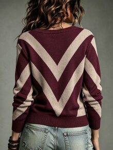 SHEIN 女款V領拼接色休閒日常長袖針織衫 - 酒紅色 - 查看 2