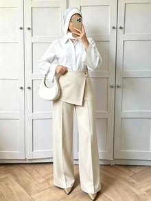 Celisse 女款優雅不對稱鈕扣裝飾純色西裝褲 夏季復活節節慶派對商務辦公休閒米色 - 杏色 - 查看 8