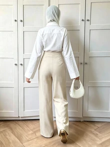 Celisse 女款優雅不對稱鈕扣裝飾純色西裝褲 夏季復活節節慶派對商務辦公休閒米色 - 杏色 - 查看 2
