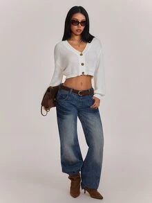 SHEIN PETITE Women's Petite Off-White Long-Sleeve Button-Front Cotton-Blend Cardigan For Workwear - Beige - View 5