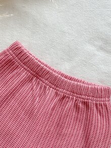 SHEIN 2件組幼兒女嬰上衣與喇叭褲套裝，甜美可愛粉色 3D 蝴蝶結荷葉邊羅紋長袖假領針織毛衣，休閒派對秋季節日套裝 - 粉色 - 查看 7