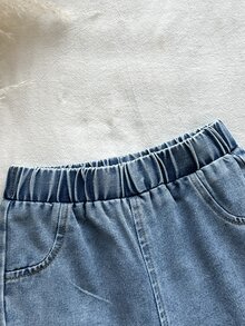 SHEIN 2件組幼童女嬰荷葉邊上衣喇叭褲套裝，可愛甜美棕藍色羅紋花卉荷葉邊流蘇長袖圓領秋季度假款 - 棕色 - 查看 4