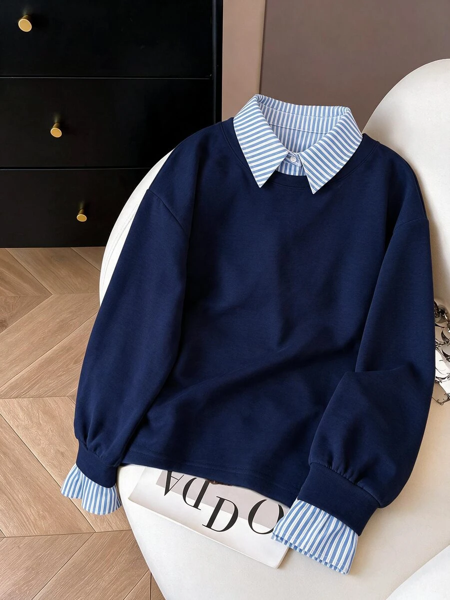 Struktiv Casual Streetwear Preppy Navy Blue Dark Grey Collar Mock Layered Sweatshirt Oversized Long Sleeve Pullover Top For Women School Autumn - Navy Blue - View 1