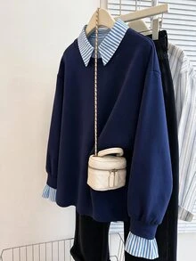 Struktiv Casual Streetwear Preppy Navy Blue Dark Grey Collar Mock Layered Sweatshirt Oversized Long Sleeve Pullover Top For Women School Autumn - Navy Blue - View 3