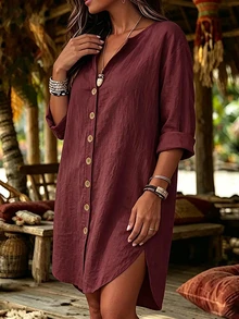 SHEIN LUNE CURVE Casual Vacation Daily Loose Shirt Dress With Pockets, Can Be Worn As Shirt Top, Suitable For Home, Country, Vintage Style Occasions, Plus Size Women Long Sleeve Dress - Red - View 6