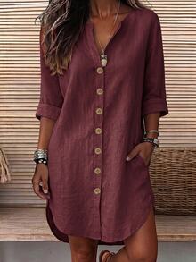 SHEIN LUNE CURVE Casual Vacation Daily Loose Shirt Dress With Pockets, Can Be Worn As Shirt Top, Suitable For Home, Country, Vintage Style Occasions, Plus Size Women Long Sleeve Dress - Red - View 3