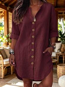 SHEIN LUNE CURVE Casual Vacation Daily Loose Shirt Dress With Pockets, Can Be Worn As Shirt Top, Suitable For Home, Country, Vintage Style Occasions, Plus Size Women Long Sleeve Dress - Red - View 5