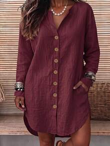 SHEIN LUNE CURVE Casual Vacation Daily Loose Shirt Dress With Pockets, Can Be Worn As Shirt Top, Suitable For Home, Country, Vintage Style Occasions, Plus Size Women Long Sleeve Dress - Red - View 1