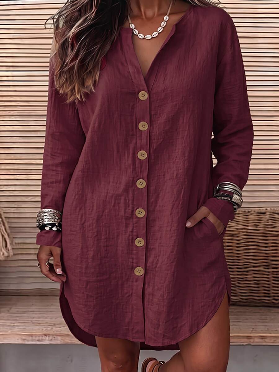 SHEIN LUNE CURVE Casual Vacation Daily Loose Shirt Dress With Pockets, Can Be Worn As Shirt Top, Suitable For Home, Country, Vintage Style Occasions, Plus Size Women Long Sleeve Dress - Red - View 1