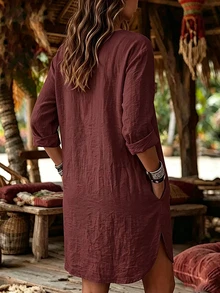 SHEIN LUNE CURVE Casual Vacation Daily Loose Shirt Dress With Pockets, Can Be Worn As Shirt Top, Suitable For Home, Country, Vintage Style Occasions, Plus Size Women Long Sleeve Dress - Red - View 2