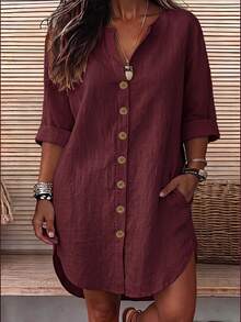 SHEIN LUNE CURVE Casual Vacation Daily Loose Shirt Dress With Pockets, Can Be Worn As Shirt Top, Suitable For Home, Country, Vintage Style Occasions, Plus Size Women Long Sleeve Dress - Red - View 4