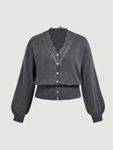 SHEIN MOD Set Kardigan dan Rok Rajut Patchwork Renda Ukuran Plus - Grey - View 8