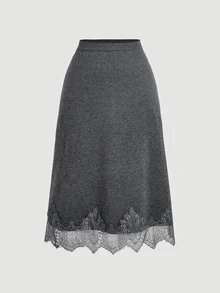 SHEIN MOD Set Kardigan dan Rok Rajut Patchwork Renda Ukuran Plus - Grey - View 10