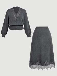 SHEIN MOD Set Kardigan dan Rok Rajut Patchwork Renda Ukuran Plus - Grey - View 2