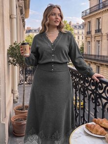 SHEIN MOD Set Kardigan dan Rok Rajut Patchwork Renda Ukuran Plus - Grey - View 1