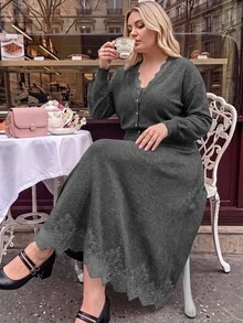 SHEIN MOD Set Kardigan dan Rok Rajut Patchwork Renda Ukuran Plus - Grey - View 7