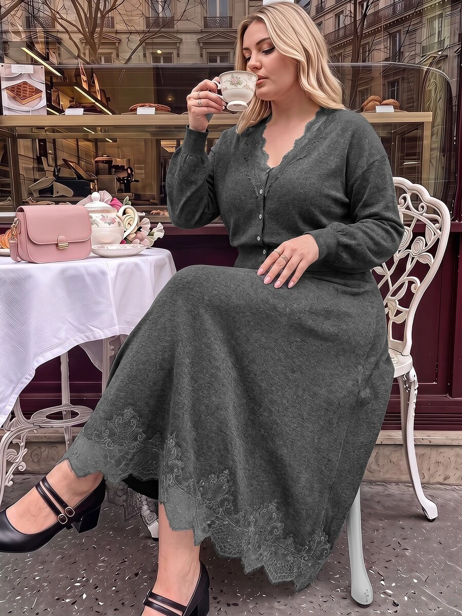 SHEIN MOD Plus Size Lace Patchwork Cardigan & Knit Skirt Set - Grey - View 1