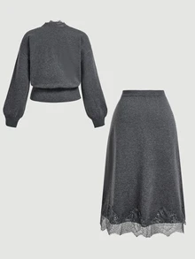 SHEIN MOD Set Kardigan dan Rok Rajut Patchwork Renda Ukuran Plus - Grey - View 3