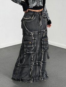 StreetHx Rok Denim Panjang Kasual Wanita dengan Kantong Serbaguna - Hitam - View 4