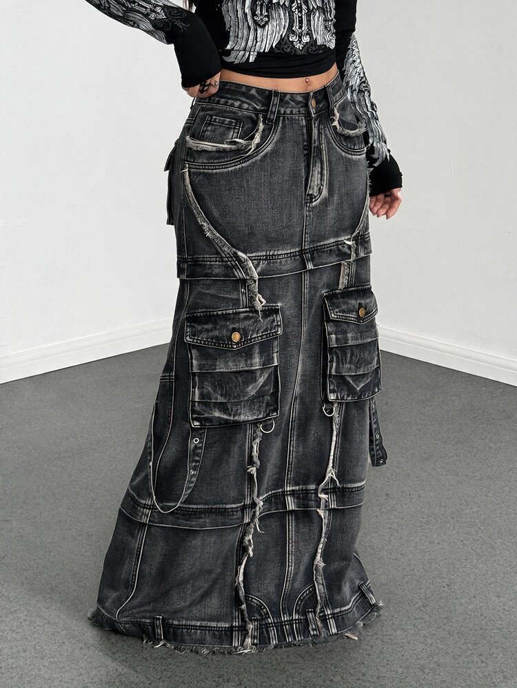 StreetHx Women's Long Casual Denim Skirt With Utility Pockets - Black - View 4