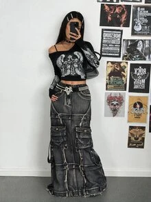 StreetHx Rok Denim Panjang Kasual Wanita dengan Kantong Serbaguna - Hitam - View 5