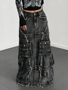 StreetHx Rok Denim Panjang Kasual Wanita dengan Kantong Serbaguna - Hitam - View 6