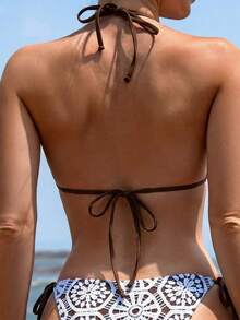 SHEIN Swim 女士夏季沙滩度假纹理露背系带性感连体泳衣 - 棕色 - 查看 4