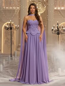 Glamrae Elegant Dusty Purple Stretch Chiffon Rhinestone Square Neck ...