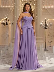 Glamrae Elegant Dusty Purple Stretch Chiffon Rhinestone Square Neck ...