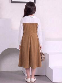 SHEIN Tween Girls Fall Style Fake Two-Piece Peter Pan Collar Corduroy Dress Back To School Daily Party Outfit - Khaki - View 3