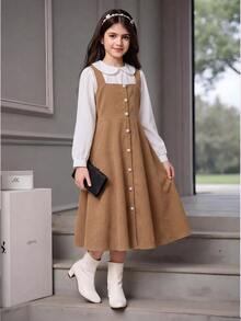 SHEIN Tween Girls Fall Style Fake Two-Piece Peter Pan Collar Corduroy Dress Back To School Daily Party Outfit - Khaki - View 4