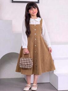 SHEIN Tween Girls Fall Style Fake Two-Piece Peter Pan Collar Corduroy Dress Back To School Daily Party Outfit - Khaki - View 6