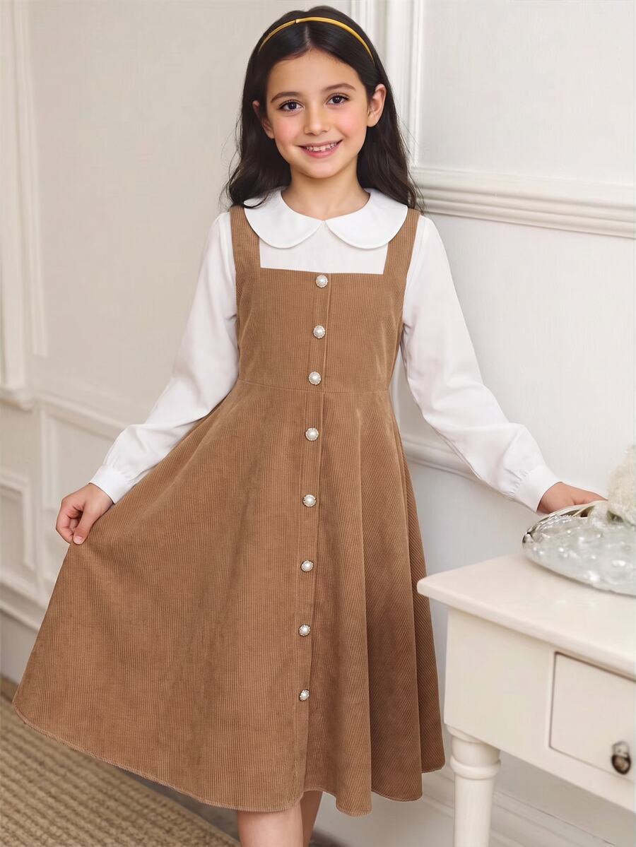 SHEIN Tween Girls Fall Style Fake Two-Piece Peter Pan Collar Corduroy Dress Back To School Daily Party Outfit - Khaki - View 1