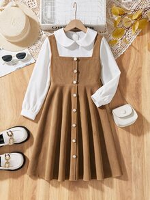 SHEIN Tween Girls Fall Style Fake Two-Piece Peter Pan Collar Corduroy Dress Back To School Daily Party Outfit - Khaki - View 2