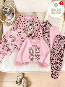 Infant Cartoon Leopard Print Top And Pants Set, Cute Daily Outfit For Autumn/Winter - Multicolor - View 3