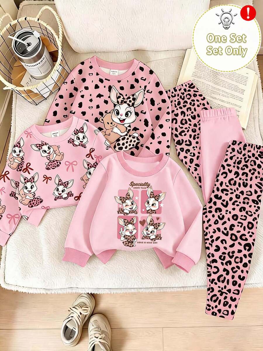 Infant Cartoon Leopard Print Top And Pants Set, Cute Daily Outfit For Autumn/Winter - Multicolor - View 1